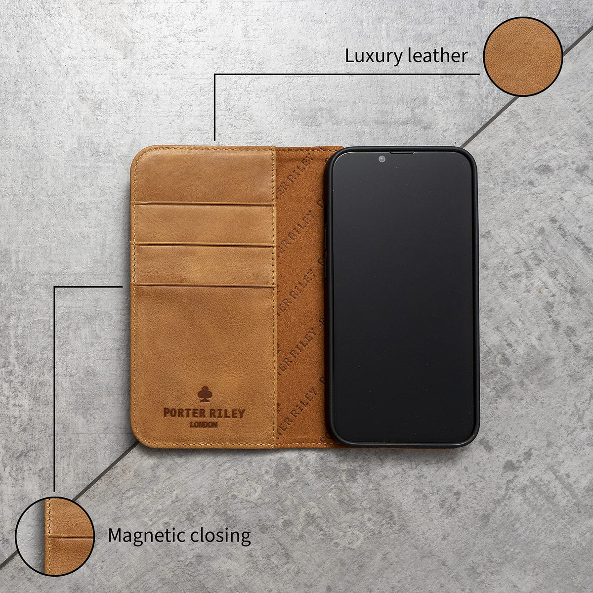 Porter Riley - Leather Case for iPhone 12 Mini (5.4"). Premium Genuine Leather Stand/Cover/Wallet/Flip Case with [Card Slots] [Horizontal Stand] [Durable Frame] (Tan)