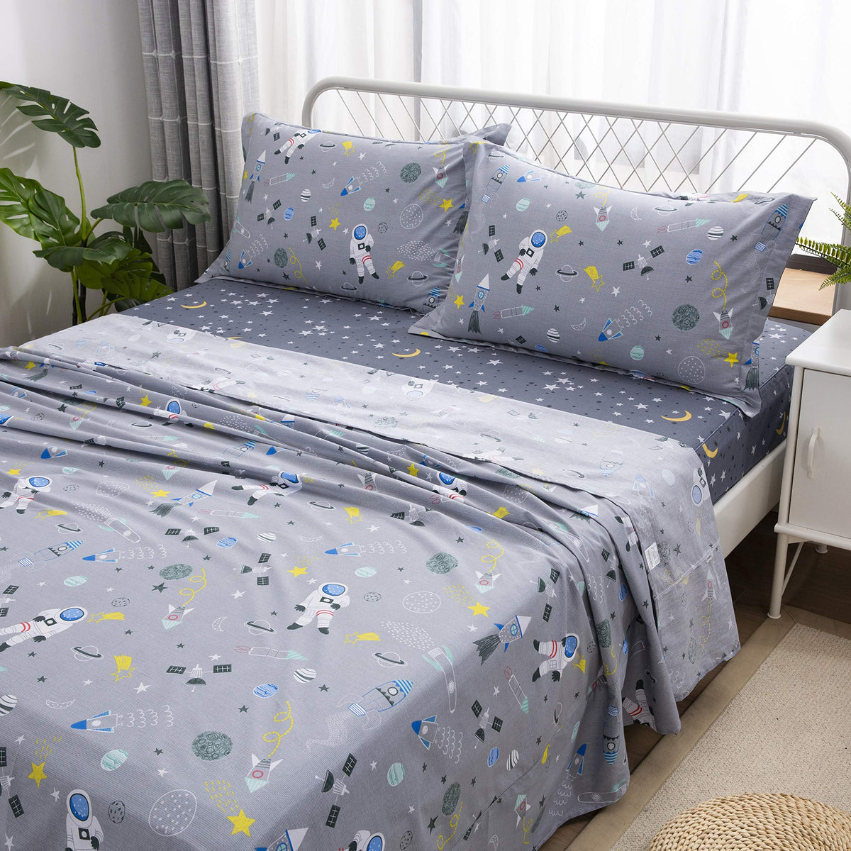 Brandream Kids Bedding Sets Full Size Astronaut Space Galaxy Boys Bed Sheet Set Deep Pockets Grey Bed Sheets Pillow Cases Set 100% Cotton 4-Piece