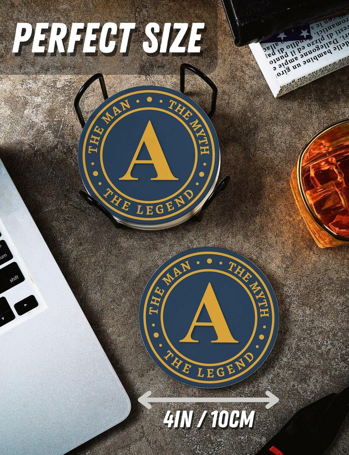 Onebttl Monogram Initial Gifts for Men - The Man The Myth The Legend Ceramic Coaster Set of 6 - with Holder and Absorbent Cork Base - C