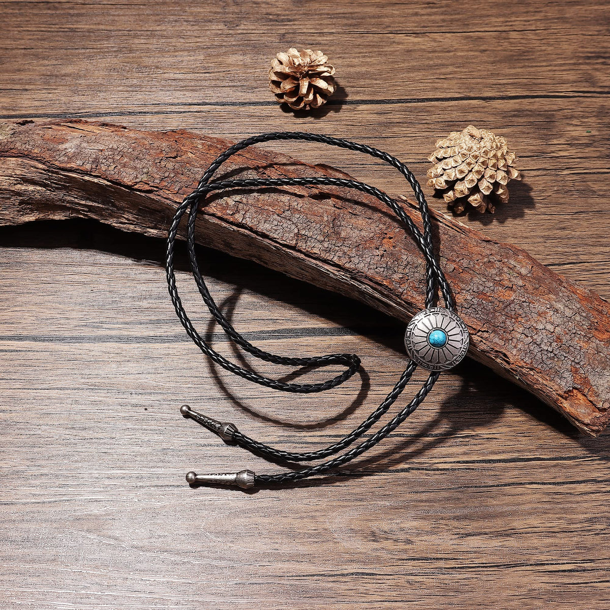 Subiceto 6Pcs Bolo Tie for Men Women Western Cowboy Natural Turquoise Tiger Eye Stone Handmade Shape Round Leather Necktie Vintage Native American Bola Tie Set Wolf
