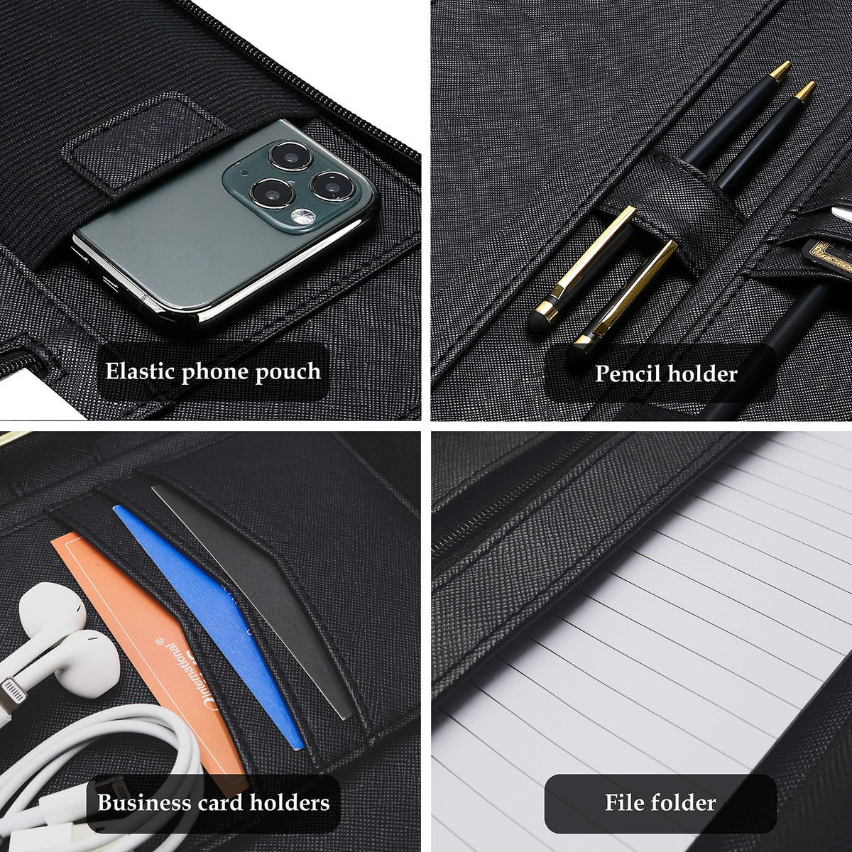 ProCase Portfolio Business Padfolio Folder with Zipper, Conference Meeting Executive File Legal Document Organizer with Pockets Letter Size A4 Writing Pad Notepad Padfolio -Black