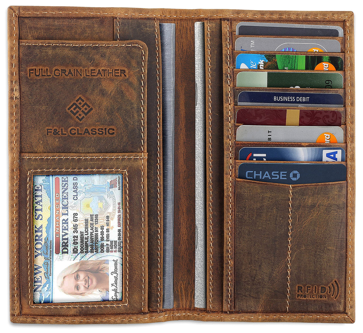 F&L CLASSIC Men's RFID Vintage Look Genuine Leather Long Bifold Wallet Checkbook Wallets,buffalo wax vintage leather,240 wax brown