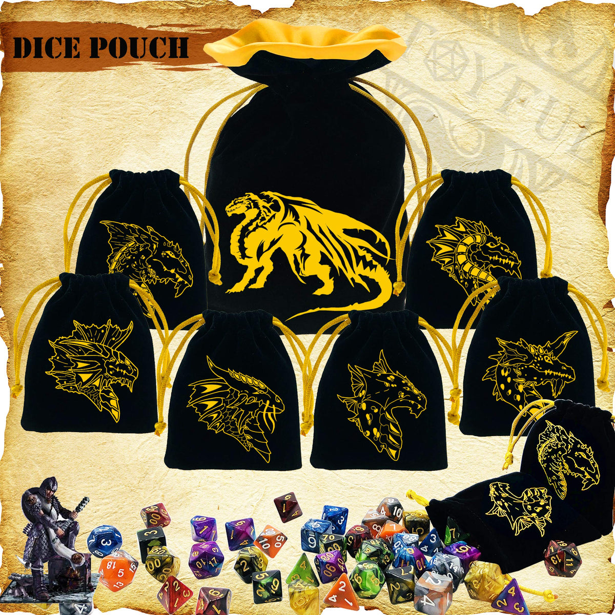 TOYFUL 6 Sets Double-Color Polyhedral Dice for DND, RPG, MTG & Table Games - 7pcs Set (d20, d12, 2x d10, d8, d6, d4) with 6 Drawstring Bags, 1 Big Bag, 1 PU Leather Dice Tray & Sticker