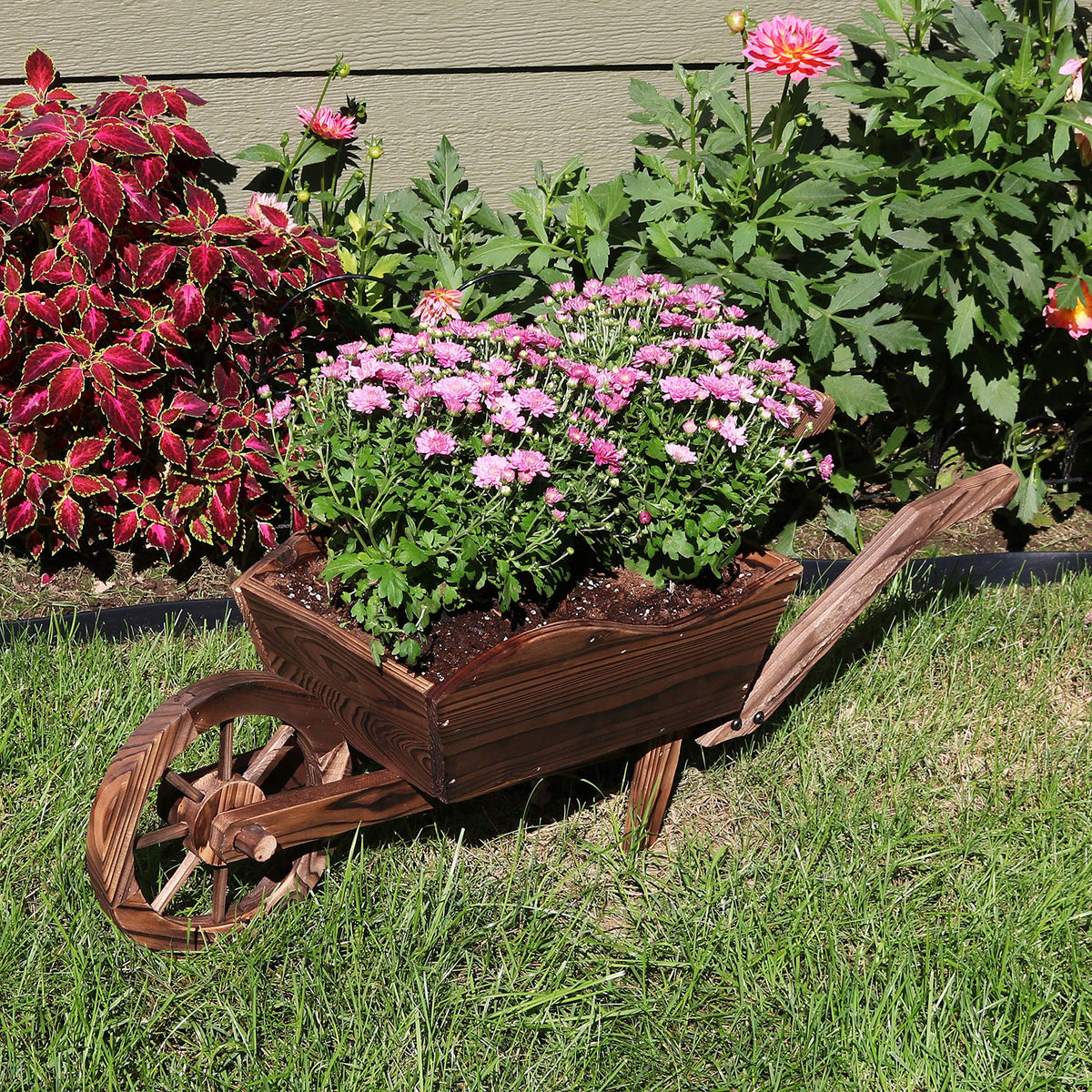 Sunnydaze Outdoor Wooden Decorative Wheelbarrow Planter - for Indoor or Outdoor Use - 35" W x 10.25" D x 12" H - Brown