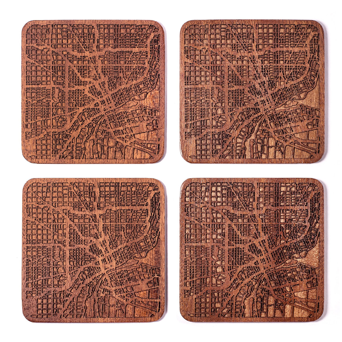 Detroit Map Coaster by O3 Design Studio, Set Of 4, Sapele Wooden Coaster With City Map, Handmade